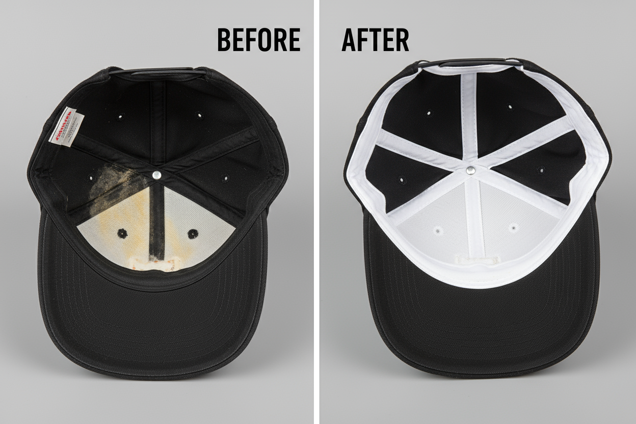 Baseball Cap Hat Sweatband Replacement, Cleaning before after