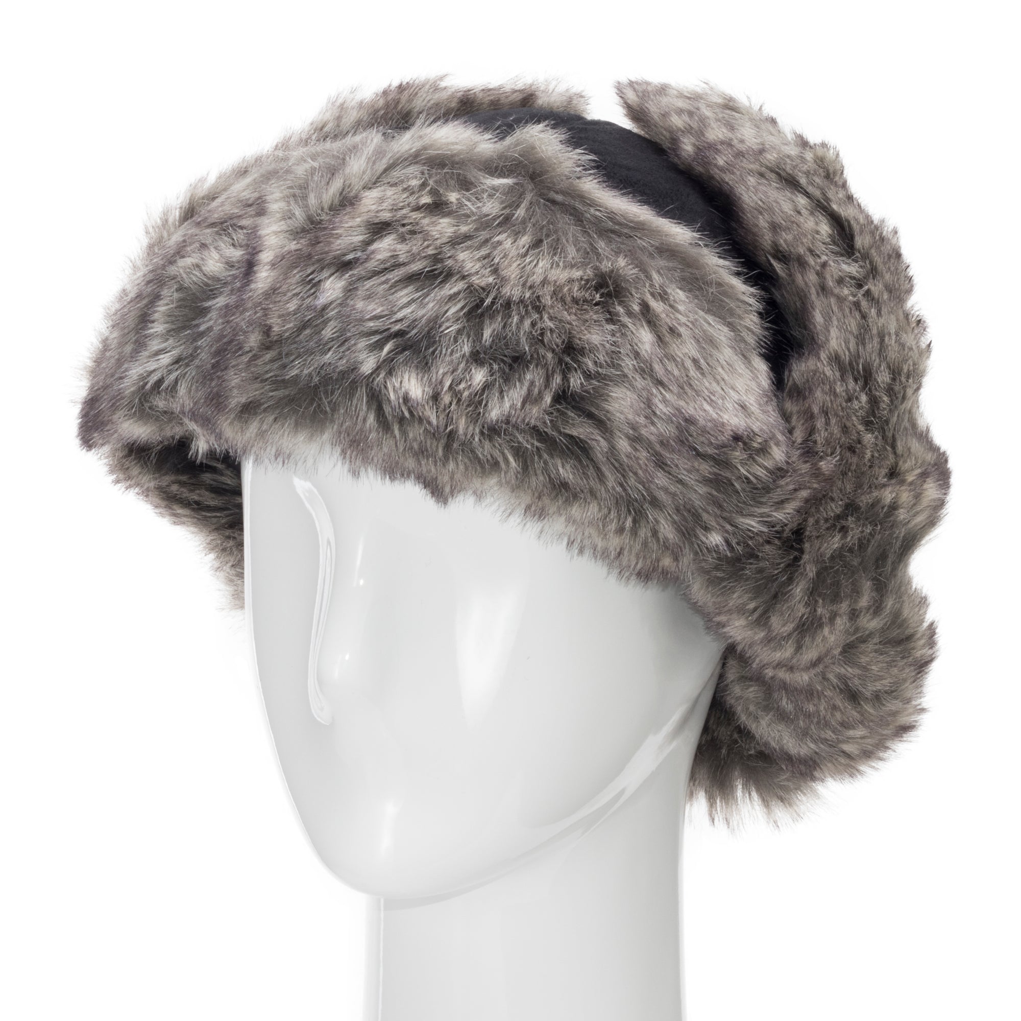 Ladies Brown Suede Trapper Hat with Grey Rabbit Fur